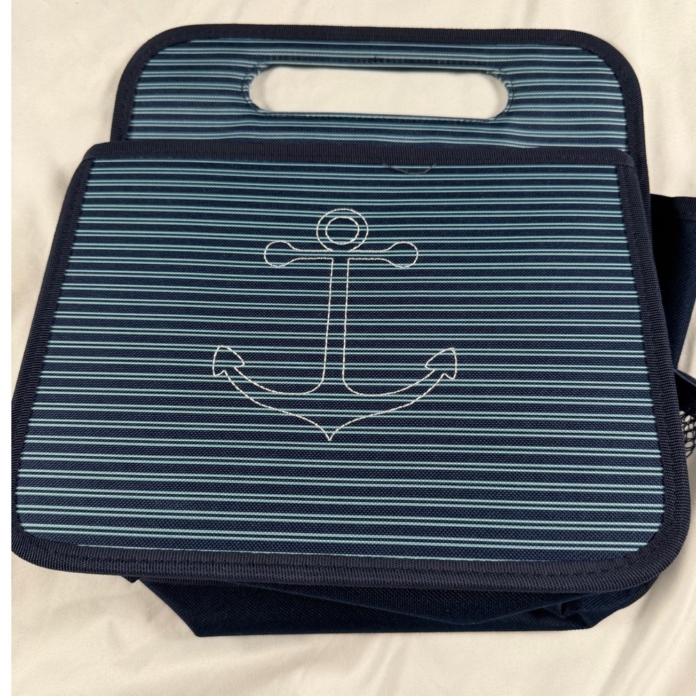 Thirty-One Double Duty Caddy Navy Blue Striped Anchor Nautical Utility Tote Bag - Picture 2 of 7